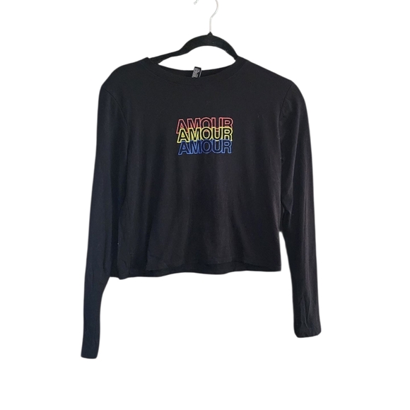 Forever 21 Tops - Forever 21 Black Crop Top with Multicolor 'Amour' Design